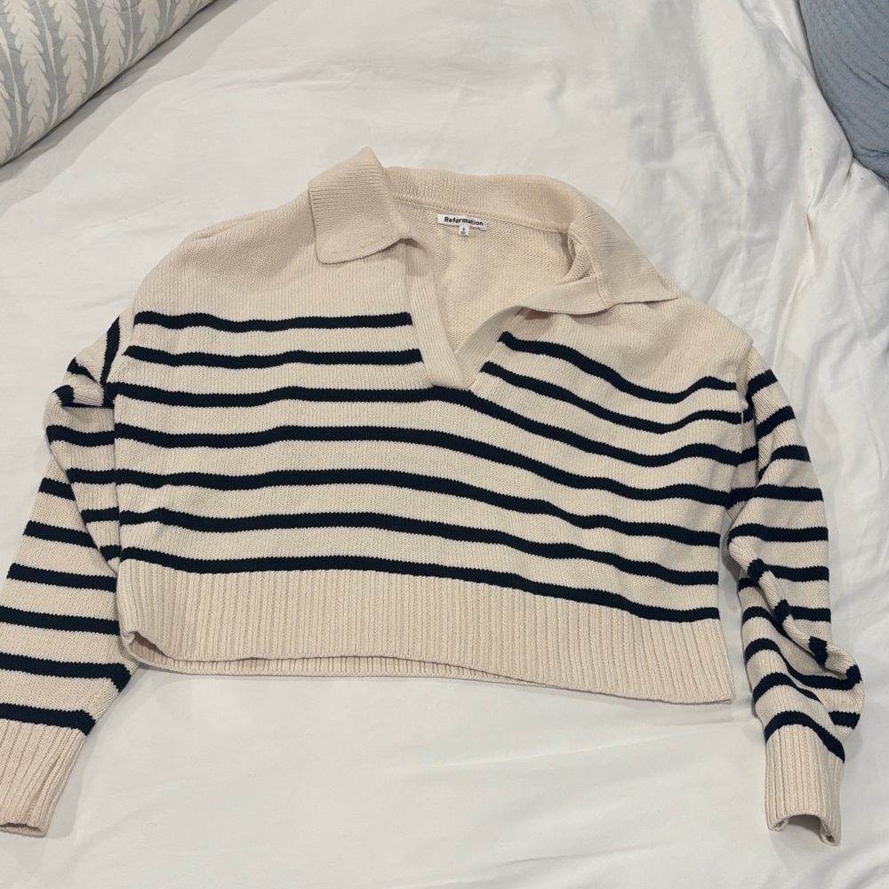 Reformation Francesco Cotton Polo Sweater Cream and Black Striped V-Neck Sweater